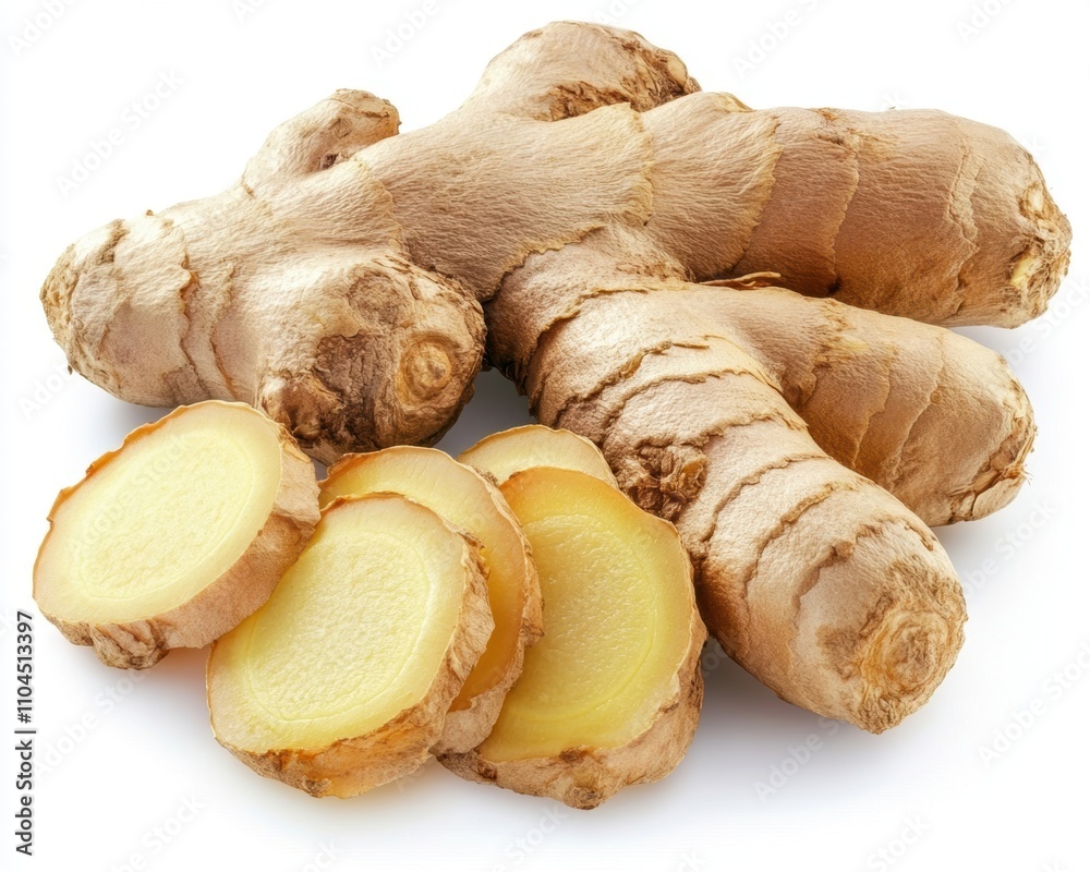 Fresh ginger root with sliced pieces showcasing its vibrant interior. Fresh ginger root with sliced pieces showcasing its vibrant interior.
