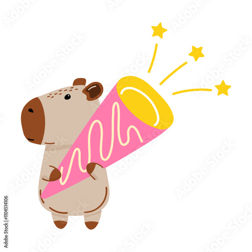 Cute capybara holding party popper. For celebration-themed designs, birthday cards, festive invitations, social media posts, or playful decoration projects. Vector illustration