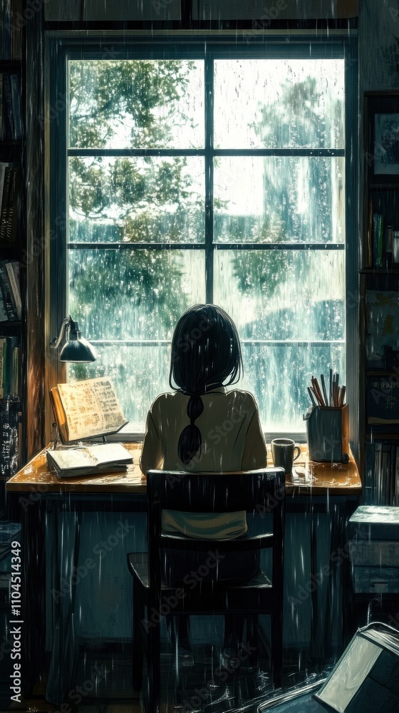Anime student girl lost in thought by a window, rainy day, warm coffee cup on the table, highly detailed desk and books Anime student girl lost in thought by a window, rainy day, warm coffee cup on the table, highly detailed desk and books