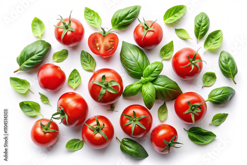 Fresh red cherry tomatoes and basil leaves arranged on white background.