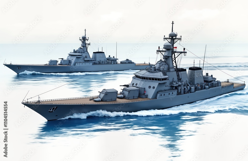 Modern military warships navigate open waters in powerful display of naval tech. Vessels sail side-by-side modern maritime tech. Ships demonstrate naval precision, support. Maritime voyage portrays Modern military warships navigate open waters in powerful display of naval tech. Vessels sail side-by-side modern maritime tech. Ships demonstrate naval precision, support. Maritime voyage portrays