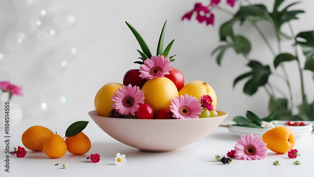 Photorealistic Minimalistic Fruit Bowl with Flowers on White Background, Generetive AI Photorealistic Minimalistic Fruit Bowl with Flowers on White Background, Generetive AI