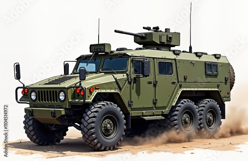 Military vehicle moves through desert terrain. Military truck with large tires, mounted weaponry. Off-road vehicle drives on sandy path. Strong, powerful armored military transport. Defense vehicle photo