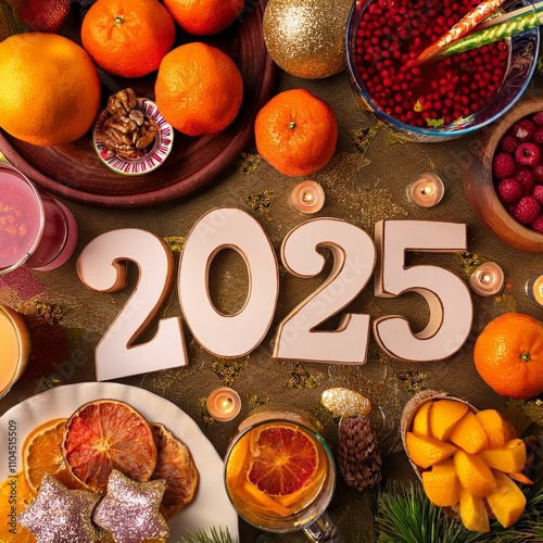 table garnie de nourriture pour carte de voeux année 2025 sur un décor de fond de fête et décoration ia photo