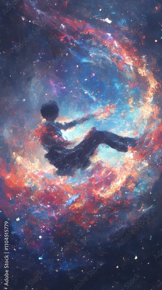 Cosmic nebula swirls around a floating figure. Cosmic nebula swirls around a floating figure.