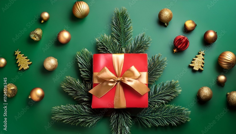 Festive red gift box with gold ribbon on a green Christmas tree-shaped background, surrounded by ornaments. Festive red gift box with gold ribbon on a green Christmas tree-shaped background, surrounded by ornaments.