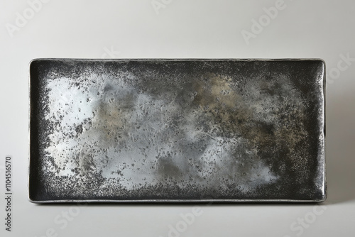 A heavily tarnished silver surface with darkened edges and uneven textures, evoking an antique, historic appearance.