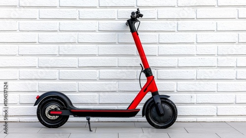 a photostock of a single electric scooter parked against a clean white wall, urban commuting 2025 photo