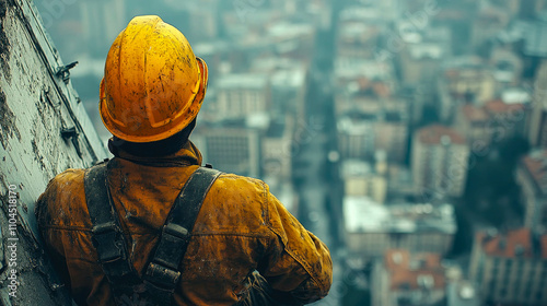 A construction worker in a yellow hard hat gazes over a city skyline, symbolizing urban development, labor, and progress