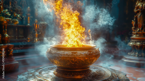 Golden incense burner with flames and smoke rising, in a sacred and ornate religious setting