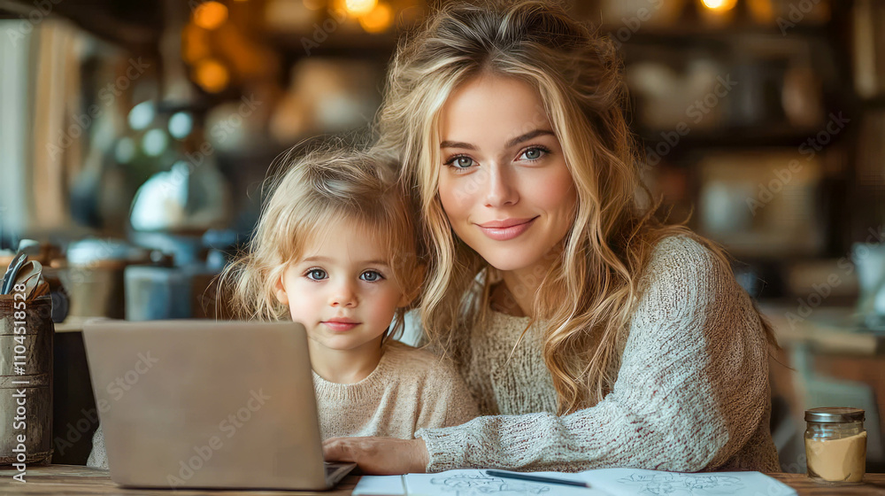 A smiling mother and her young daughter work together at a cozy home desk, symbolizing work-life balance and family bonding A smiling mother and her young daughter work together at a cozy home desk, symbolizing work-life balance and family bonding