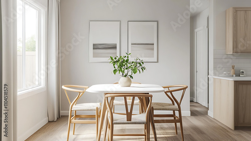 A white dining table with four chairs and a vase of green plants in the center photo