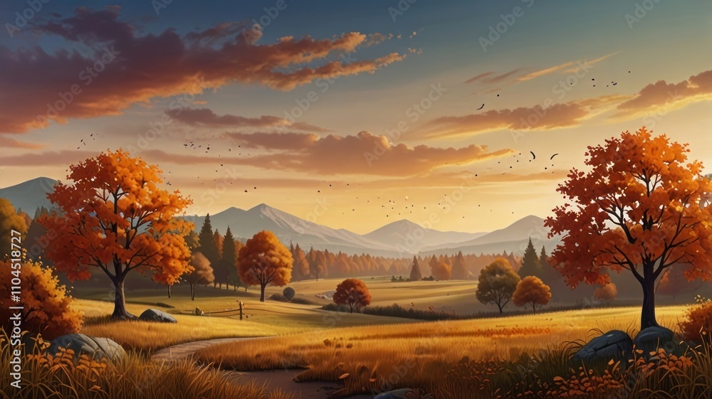 Obraz premium Autumnal landscape at sunset, featuring a serene meadow with vibrant trees, mountains, and a tranquil stream.