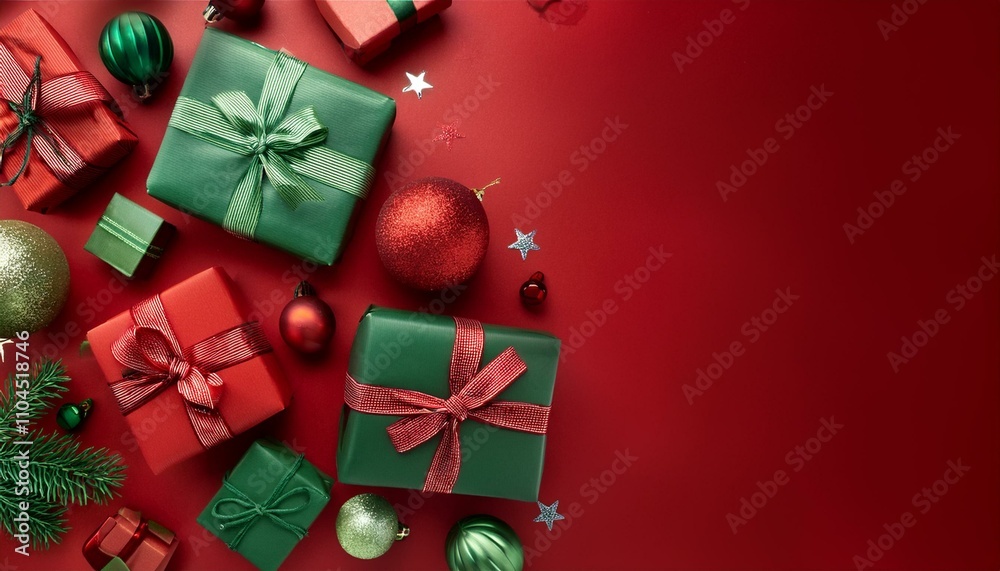 Festive red and green gifts with ribbons, surrounded by Christmas ornaments on a red backdrop. Festive red and green gifts with ribbons, surrounded by Christmas ornaments on a red backdrop.