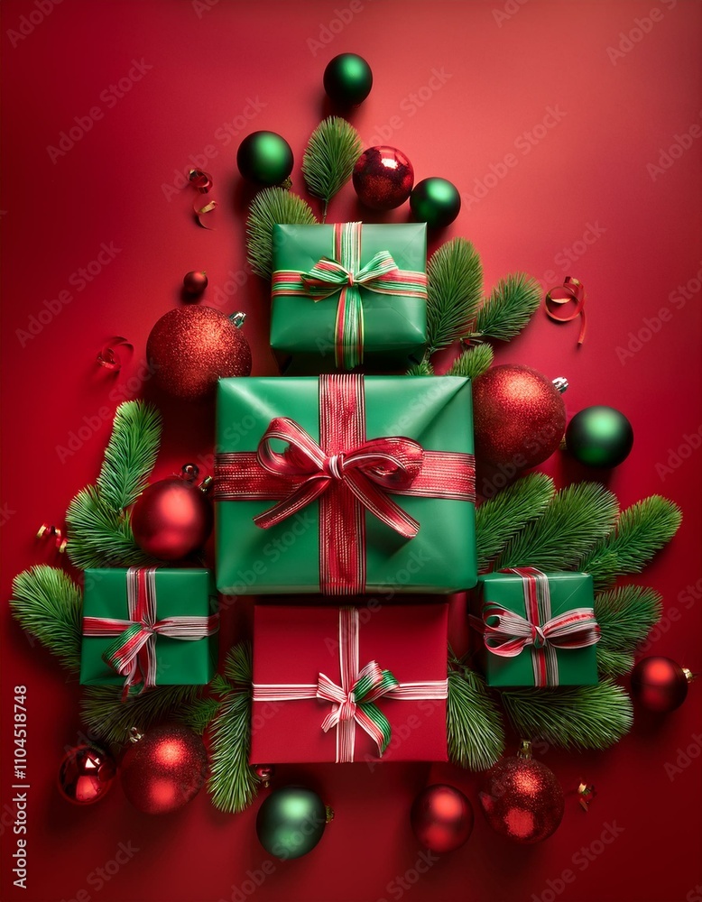 Festive red and green gifts with ribbons, surrounded by Christmas ornaments on a red backdrop. Festive red and green gifts with ribbons, surrounded by Christmas ornaments on a red backdrop.