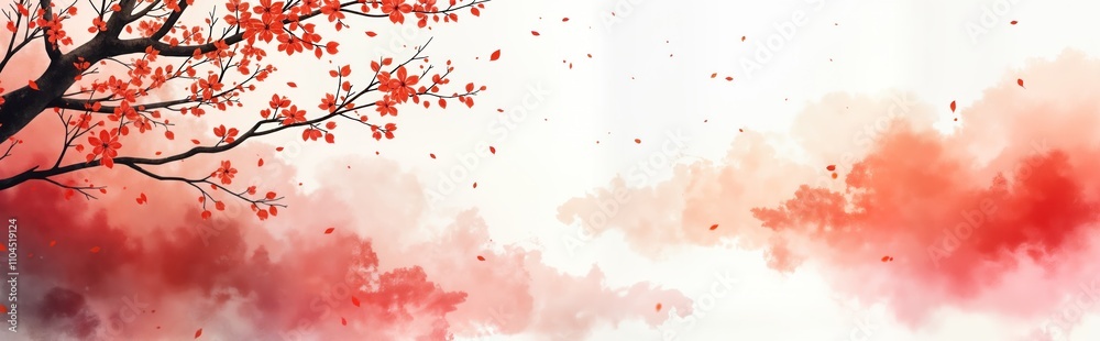 Watercolor art print featuring branch with red blossoms against soft watercolor sky. Style abstract yet evocative of Chinese New Year celebration. Ideal for greeting cards wallpapers reflecting East