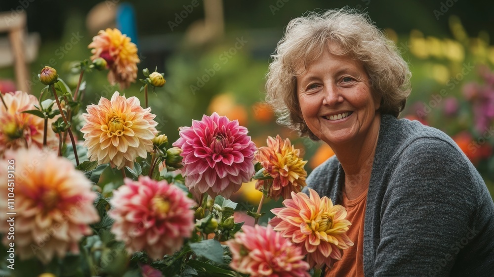 Happy senior with flowers in garden. Happy senior with flowers in garden.