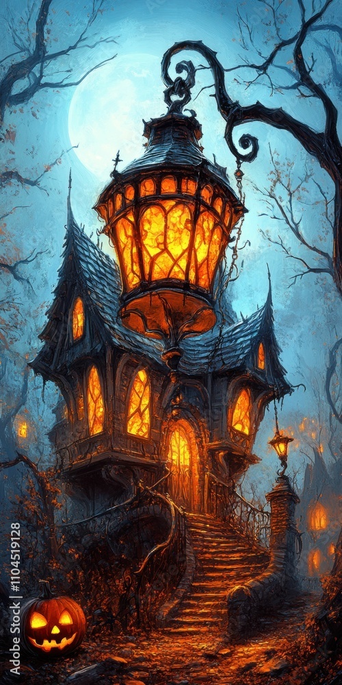 Enchanted house, glowing windows, autumnal setting. Enchanted house, glowing windows, autumnal setting.