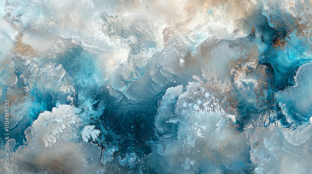 Fototapeta premium Frost patterns create a mesmerizing glow in icy white and blue hues during a chilly winter morning