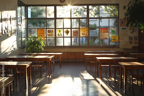 A traditional classroom setup, afternoon sun casting long shadows.