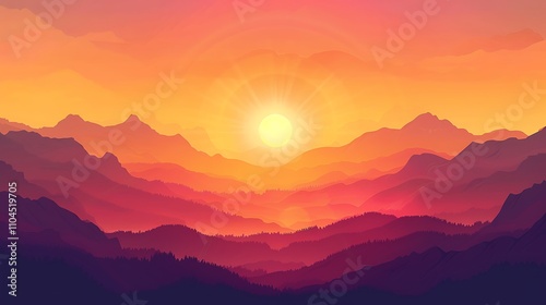 A vibrant sunset over layered mountains, showcasing warm colors and serene landscape beauty.