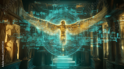 A surreal combination of da Vinci's flying machine sketches and glowing codes merging into a futuristic hologram photo