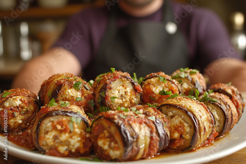 Eggplant rollatini with ricotta filling, fresh tomato sauce.