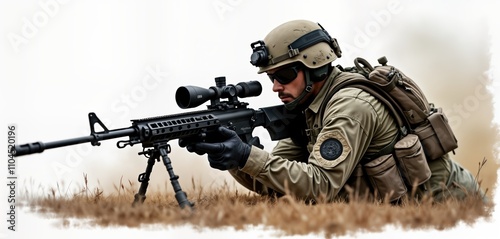 Sniper soldier aiming rifle in dry grass field. Soldier in camouflage uniform ready for action. Armed with sniper rifle, tactical gear. Professional looking soldier in shooting position. Focused, photo