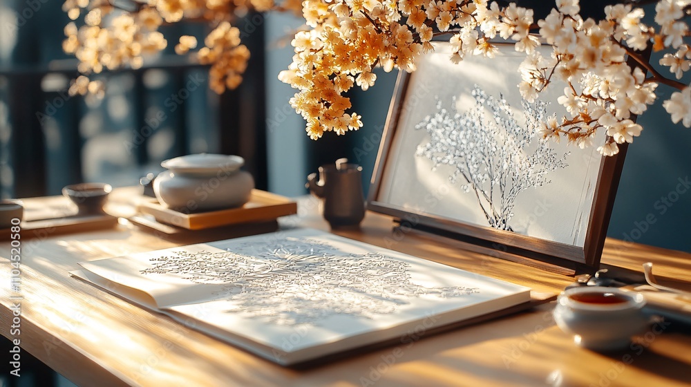 Traditional paper cuttings and calligraphy art displayed on a wooden table.