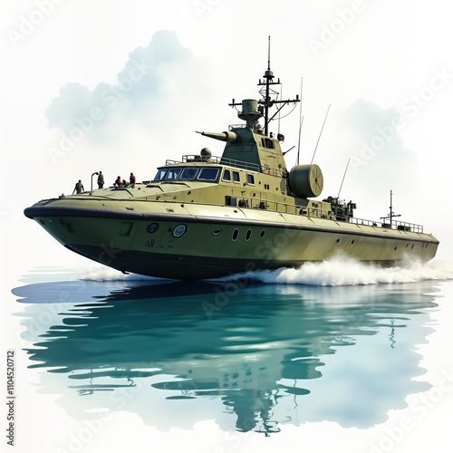 Military hovercraft boat moving on water. Armed troops on board. Watercolor style illustration. Modern warship in action. Military vehicle in naval conflict. War craft on turquoise water. Green
