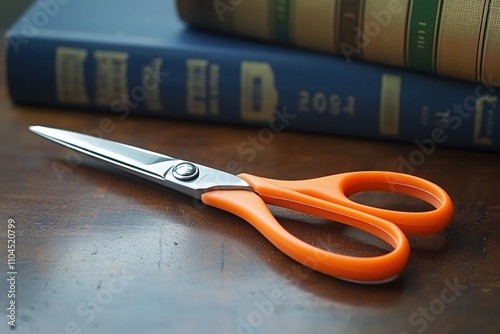 Orange-handled scissors placed on a wooden desk with books in the background