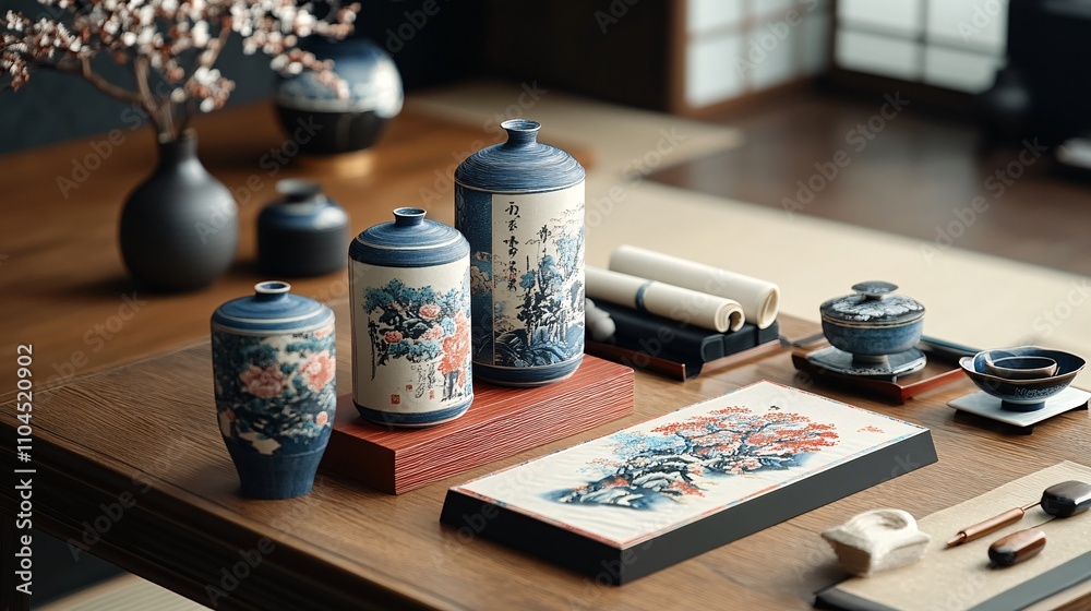 Traditional paper cuttings and calligraphy art displayed on a wooden table. Traditional paper cuttings and calligraphy art displayed on a wooden table.