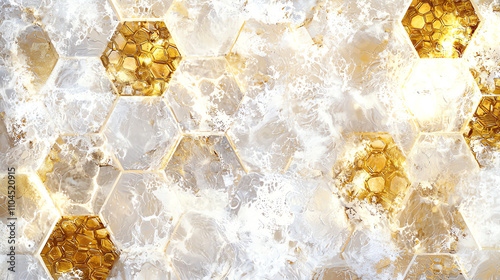 Hexagonal patterns glowing in gold create an enchanting display of light and texture during a serene evening setting