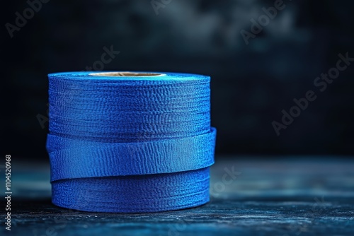 Roll of blue industrial tape placed on a dark textured surface