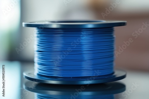 Spool of blue filament for 3D printing on a reflective surface