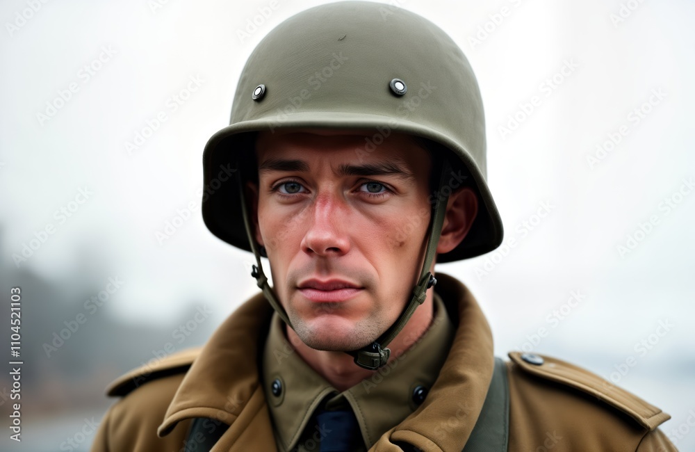 WWII soldier in uniform. Close-up portrait of man in military outfit. Serious expression. Wearing military helmet. Historic photo. Historical memory. Brave soldier. Man from past. Represents WWII soldier in uniform. Close-up portrait of man in military outfit. Serious expression. Wearing military helmet. Historic photo. Historical memory. Brave soldier. Man from past. Represents