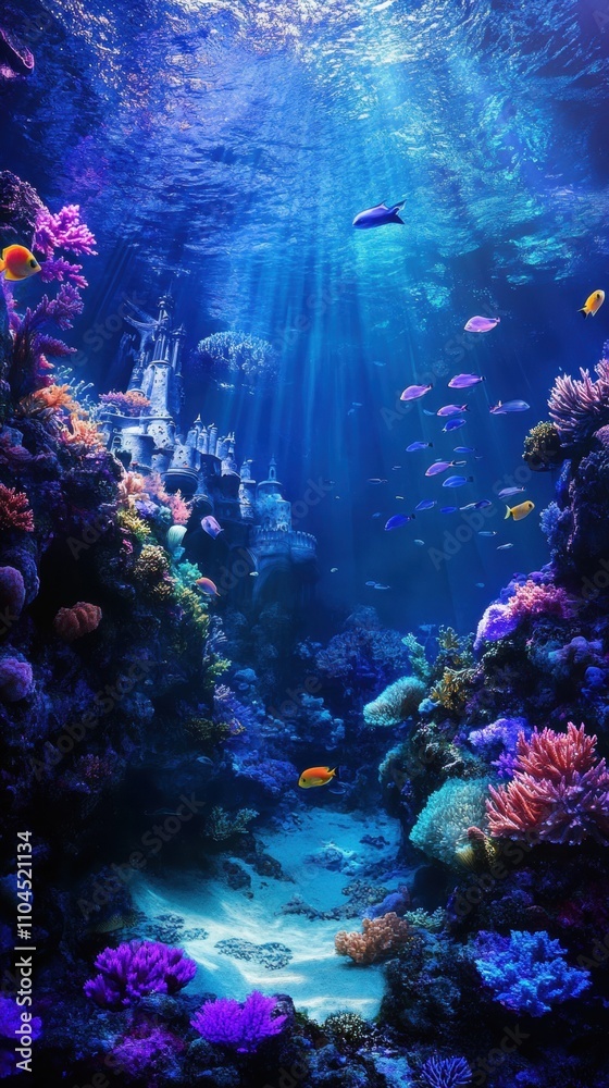 Φωτογραφία Sunbeams illuminating underwater castle surrounded by coral reef and colorful fi