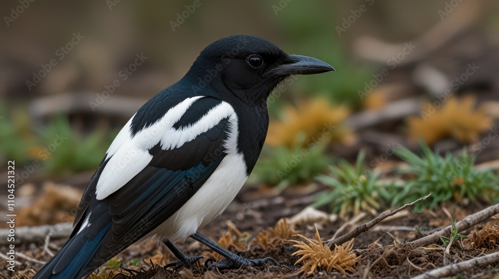 Close-up of a magpie on the ground. Close-up of a magpie on the ground.