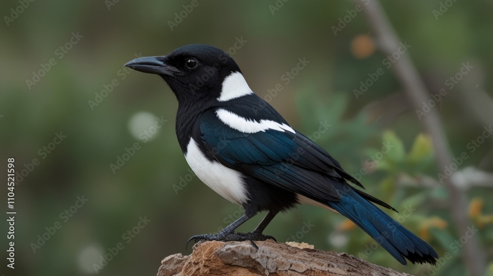 Magpie perched on a rock, showcasing its black, white, and blue plumage against a blurred green background. Magpie perched on a rock, showcasing its black, white, and blue plumage against a blurred green background.
