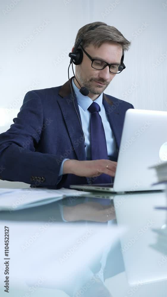 Businessman in blue suit is using a headset and laptop to offer customer service or online consultations. Business people concept Businessman in blue suit is using a headset and laptop to offer customer service or online consultations. Business people concept