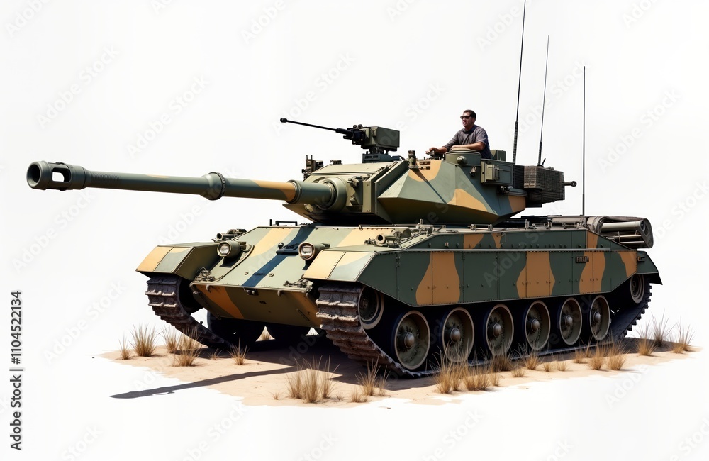 Camouflaged battle tank with long barrel isolated on white background. Tank is positioned on sandy ground. Person sits in turret. Powerful war machinery. Military vehicle. Modern tank design. Camouflaged battle tank with long barrel isolated on white background. Tank is positioned on sandy ground. Person sits in turret. Powerful war machinery. Military vehicle. Modern tank design.