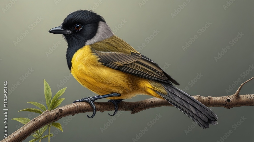 Fototapeta premium Yellow and black bird perched on branch. (1)