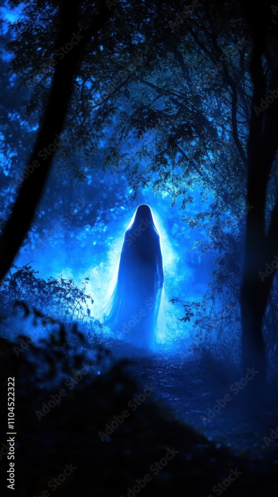 Ghostly figure in a dark forest, eerie mist around, soft blue glow, detailed trees and shadows Ghostly figure in a dark forest, eerie mist around, soft blue glow, detailed trees and shadows