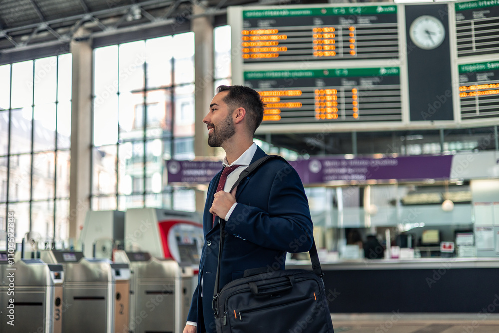smiling businessman with briefcase walking to train platform for work smiling businessman with briefcase walking to train platform for work