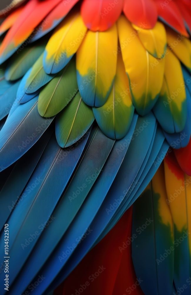 Fototapeta premium Closeup view of colorful macaw feathers. Vibrant overlapping patterns of red yellow blue, green feathers create striking design. Macaw plumage shows amazing detail, texture. Avian beauty in nature.