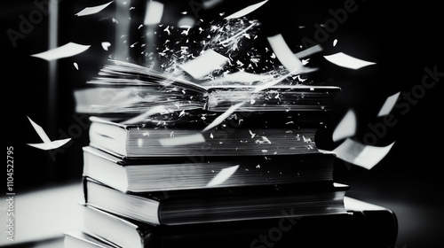Stack of old books transforms into flying birds symbolizing imagination and freedom