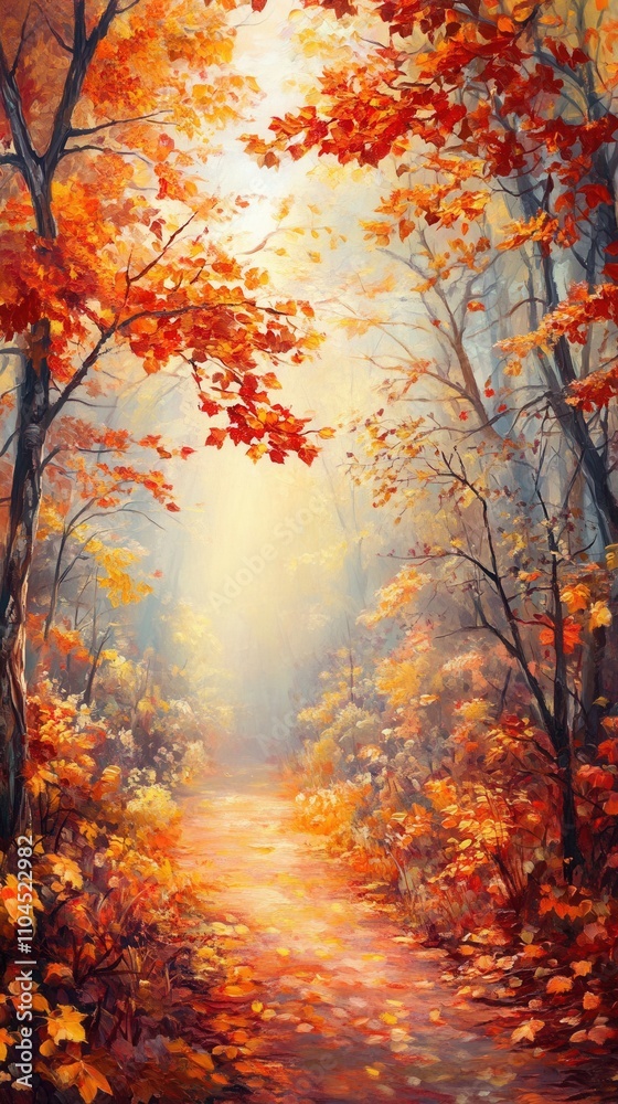 Golden autumn forest, leaves scattered on a path, sunbeams shining through branches, richly detailed foliage Golden autumn forest, leaves scattered on a path, sunbeams shining through branches, richly detailed foliage
