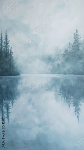 Wallpaper Mural Fog covering coniferous forest reflecting in calm lake water at dawn Torontodigital.ca