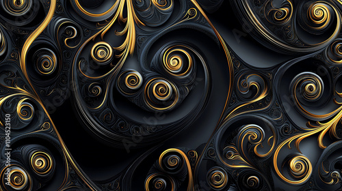 Swirl patterns in black and gold create a mesmerizing design with intricate details and elegant curves on a deep backdrop