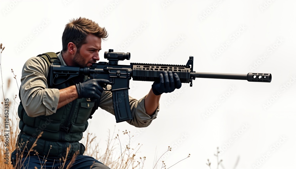 Man aiming rifle. Soldier in camouflage uniform focuses on target. Tactical gear, weapon suggest military special ops. Outdoor setting suggests possible combat reconnaissance mission. Man alert, Man aiming rifle. Soldier in camouflage uniform focuses on target. Tactical gear, weapon suggest military special ops. Outdoor setting suggests possible combat reconnaissance mission. Man alert,